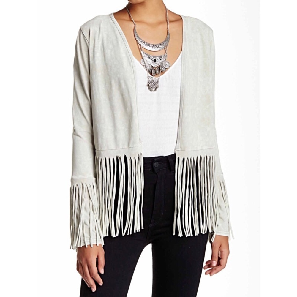 Poof! Faux Suede Fringed Jacket in Cement